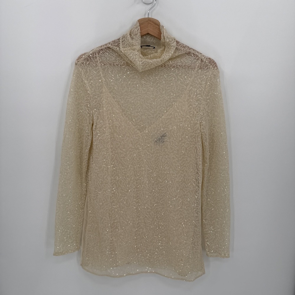 Massimo Dutti Womens Cream Mesh Sheer Sequin Layered Top Size Small Elegant